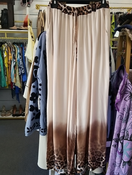 Cecile Wang Pants - Women's Cream to Brown Ombre Wide-Leg Pants with Leopard Trim